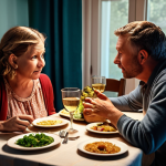 A child and their parents having a heartfelt conversation at the dinner table, showing understanding and empathy.