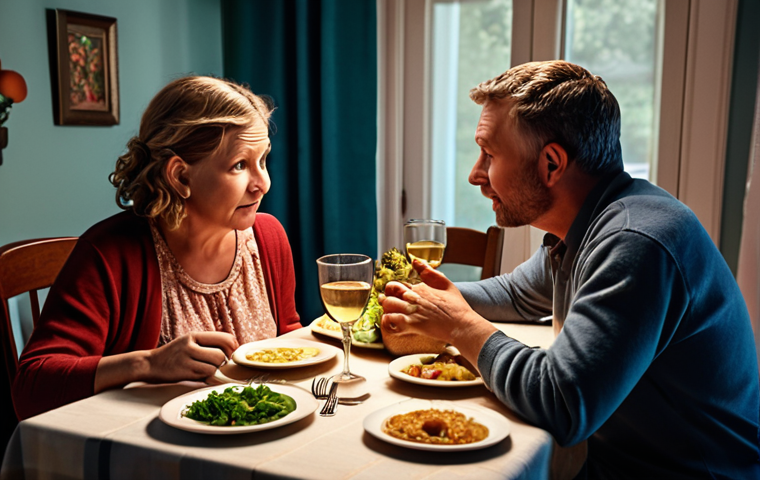 A child and their parents having a heartfelt conversation at the dinner table, showing understanding and empathy.
